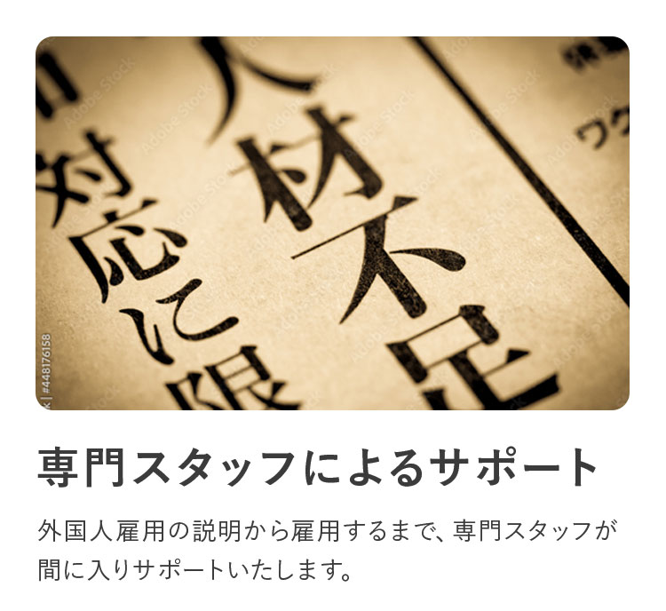 専門スタッフによるサポート。外国人雇用の説明から雇用するまで、専門スタッフが間に入りサポートいたします。