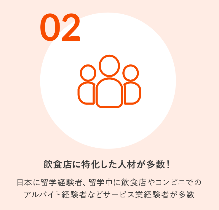 2.飲食店に特化した人材が多数!日本に留学経験者、留学中に飲食店やコンビニでのアルバイト経験者などサービス業経験者が多数